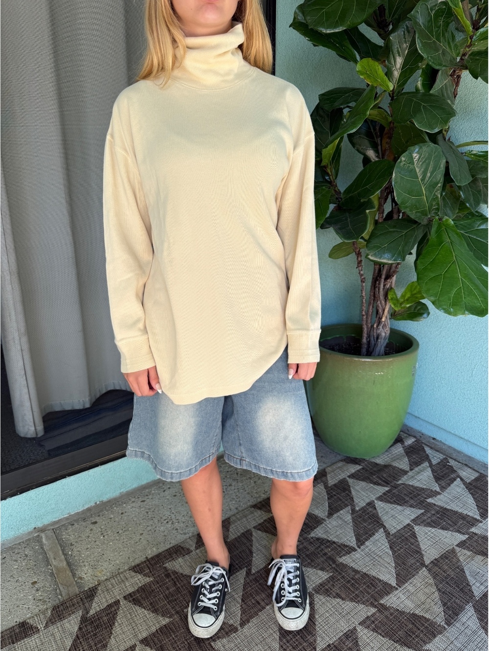 Ann Taylor coastal grandma 90s Butter Yellow Ribbed Cotton Turtleneck Tunic M